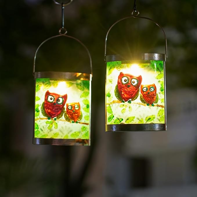 Starsoul 2 Pack Hanging Solar Lantern Outdoor Waterproof Owls Nestled on Branch Glass Decorative Solar Lights for Outside Garden Yard Table Patio Decor