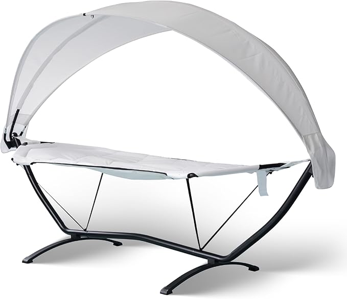 Island Retreat Sea Breeze Steel Frame Hammock Lounge Chair with Canopy - Luxury Shaded Hammock with Stand for Outside - Boho Style Beach Chair with Adjustable & Removeable Canopy - Black & Champagne