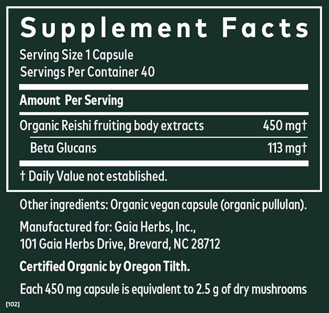 Gaia Herbs Reishi Mushroom 40 Vegan (40-Day Supply)
