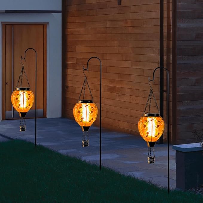 Starsoul Hot Air Balloon Solar Lantern Bee Glass Hanging Outdoor Hot Air Balloon Solar Flickering Flame Light Waterproof Garden Patio Yard Party Decorations