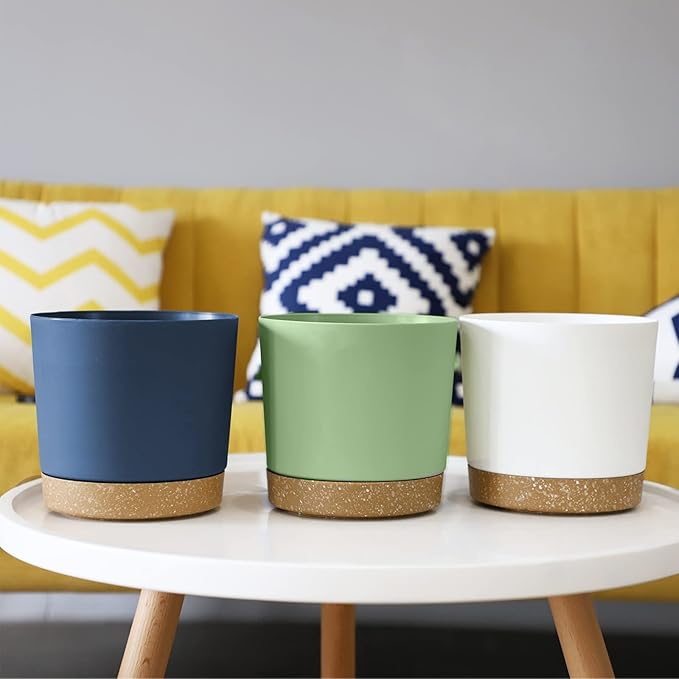 ZMTECH Set of 6 Self Watering Plastic Plant Pots, 6.5in Diameter x 6.1in Height, Modern Decorative Flower Pots for Indoor Outdoor House Plants, Succulents, Flowers (White+Green+Blue)