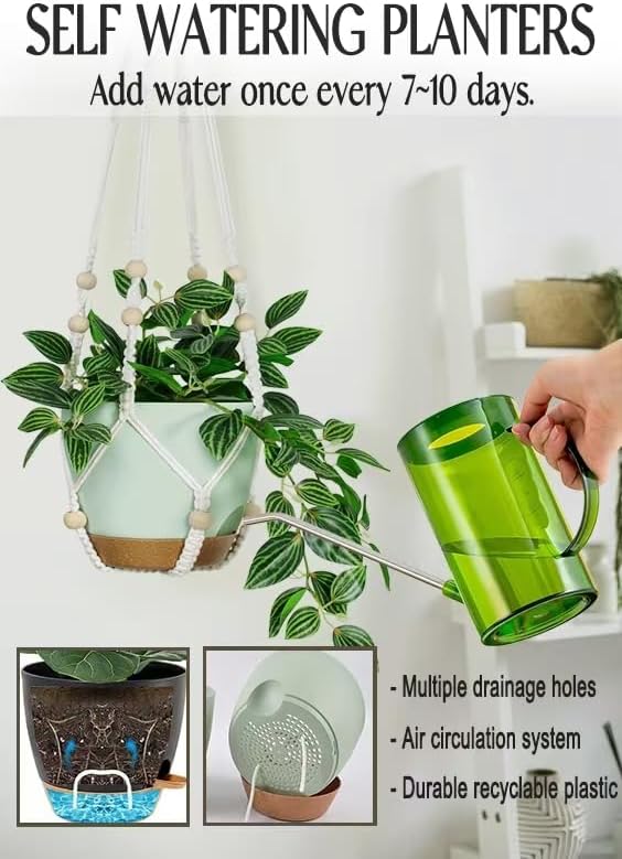 Larege Hanging Planters with Macrame Plant Hangers for Indoor Outdoor Plants 3 Set 10" / 8" / 7" Self Watering Pots Hanging Baskets Flower Pot Holders 3 Different Size Green Large