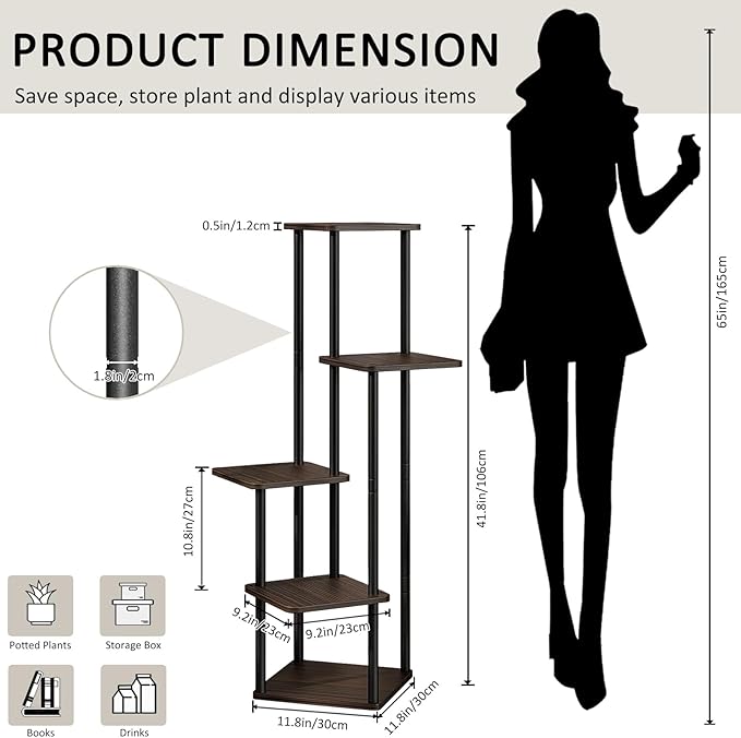 5 Tier Wood Tall Plant Stand Metal Rack Indoor, Multiple Flower Pot Holder Shelves Corner Rack, Planter Shelf Display Rack Storage Organizer for Patio Living Room Balcony Garden(Black Oak)