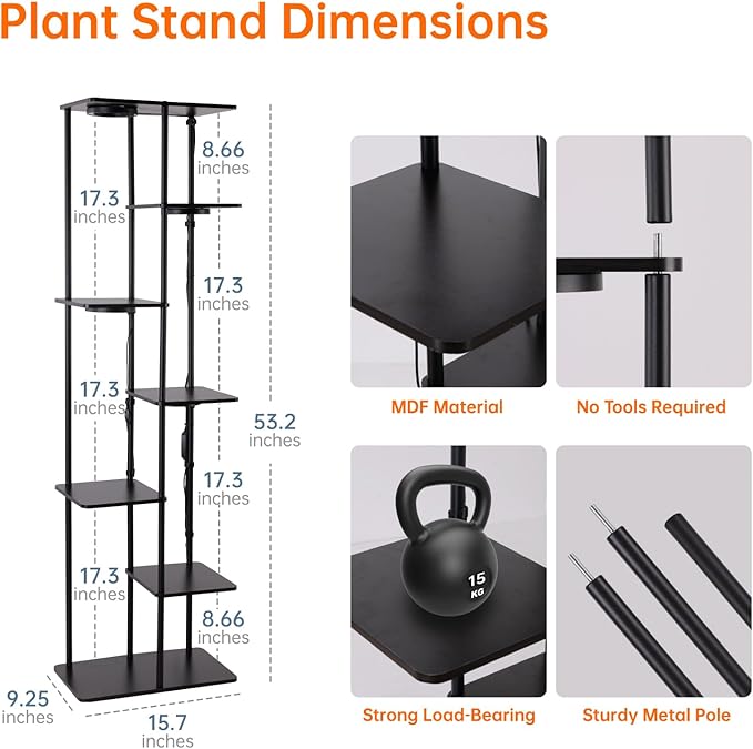 Plant Stand Indoor with Grow Light, 53" High Indoor Plant Shelf, 7 Tier Flower Stand with Plant Light Full Spectrum, Metal Plant Holder with Light, Rectangular Plant Rack for Home, Corner