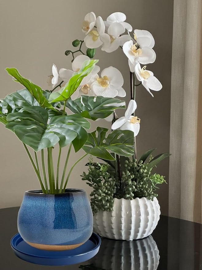 Plant Saucer Pot Tray Planter Saucers 4 Pack 4 5 6 7 8 9 10 11 12 13 15 Inch for Indoors Outdoor, Durable Sturdy Ceramic Flower Drainage drip Water Tray for Glazed Pots Base (4.7 Inch-Blue)