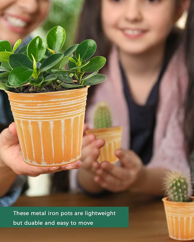 vensovo 7 Inches Orange Metal Rustic Flower Pots - 6 Pcs Medium Galvanized Planters with Drainage Hole and Rubber Plug, Rustproof Tin Bucket Plant Pot Farmhouse Vintage Style for Decor