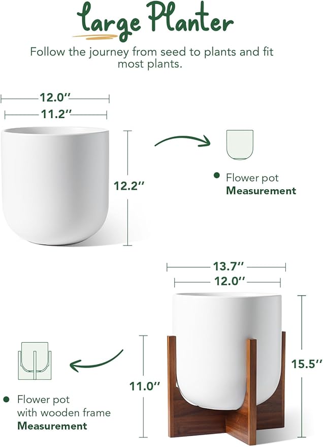 LE TAUCI 12 Inch Pots for Plants with Acacia Wood Stand, Ceramic Large Planters for Indoor Plants, Indoor Plant Pots for Office Living Room, Cylinder Pots for Plants with Drainage Hole and Plug, White