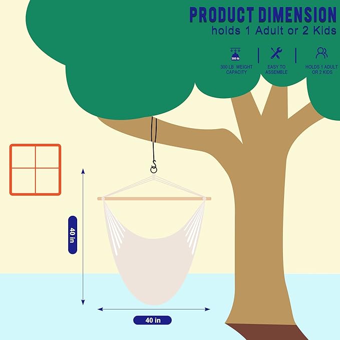 Lazy Daze Hammocks Chair Caribbean Hanging Rope Weaving Chair with 40" Hardwood Spreader Bar and Soft-Spun Cotton Rope for Indoor/Outdoor Backyard & Living Room, Max 300 LBS, Natural