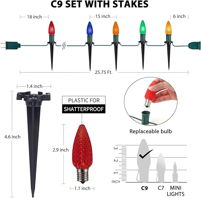 Brightown Strawberry C9 Christmas String Lights Outdoor - 25.7 Feet 20 LED Pathway Lights, Connectable C9 Walkway Lights, Waterproof Christmas Lights Outdoor Decoration for Lawn Outside, Multicolor