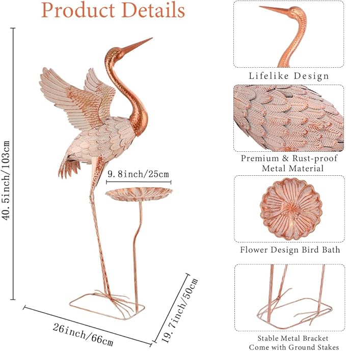Crane Garden Statue with Birdbath, 40'' Heron Garden Statue, Crane Metal Yard Art for Outside, Backyard, Lawn, Porch Decor