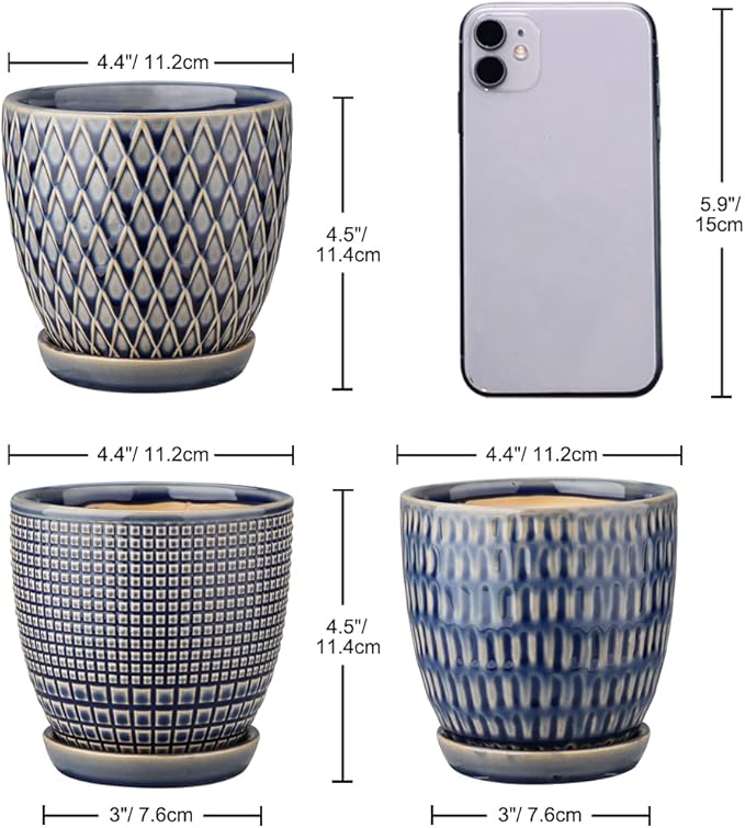 Oairse 4 inches Ceramic Planter Pots 3 Set of Small Round Flower Pots with Drainage Hole and Ceramic Tray for Succulents Cactus Indoor Outdoor Garden Home Windowsill