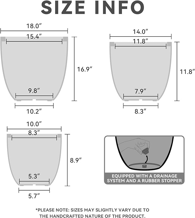 Kante 18",14",10" Dia Concrete Round Planters (Set of 3), Outdoor Indoor Large Planter Pots with Drainage Hole and Rubber Plug for Home Patio Garden, Natural Concrete