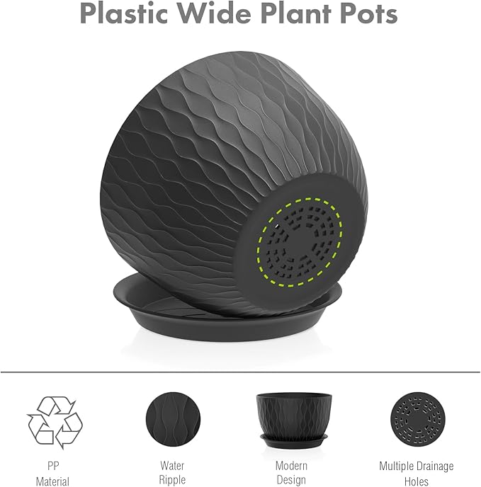 Large Plant Pots 12/10/9 inch, 3 Pack Wide Flower Pots for Outdoor Indoor Plants with Water Ripples, Big Plastic Planters with Drainage Holes and Saucers for Garden House Plants, Black