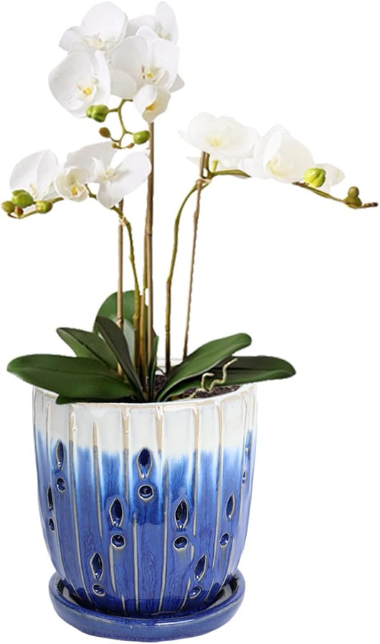 vensovo 6 Inch Ceramic Orchid Pot - Orchid Pot with Holes for Repotting, Ceramic Planter with Saucer for Indoor/Outdoor Plants, Blue