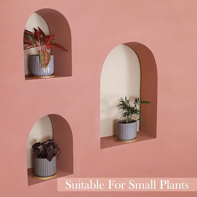 5.25 Inch Ceramic Plant Pots with Drainage Holes and Trays, Vertical Stripes Planter Pot with Saucers for Indoor Flowers, Succulent, Snake Plants, Cactus & Herbs, Grey-Green, Set of 4