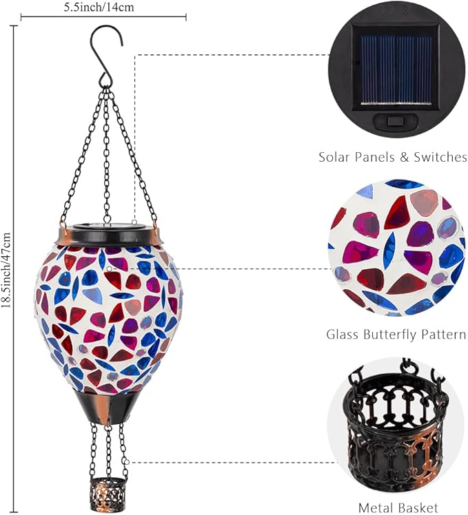 DREAMSOUL Butterfly Mosaic Hot Air Balloon Solar Lantern Hanging Glass Decorative LED Light Solar Lanterns Outdoor Waterproof