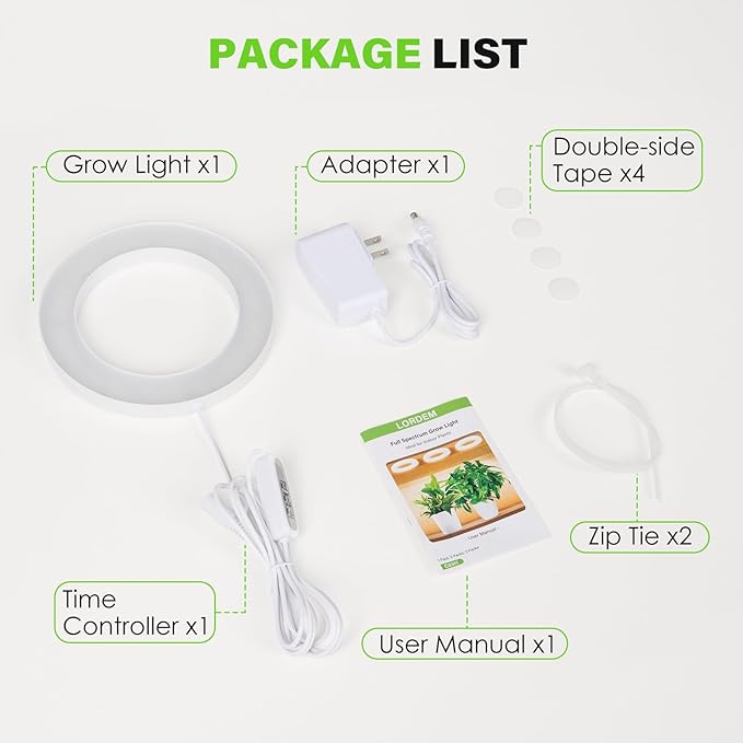 LORDEM 6.3” Ceiling Grow Light for Indoor Plants, 72 LEDs Full Spectrum Halo Plant Light, Under Cabinet Growing Lamp with 4/8/12H Auto Switch, 4 Dimmable Brightness Levels, Ideal for Pot Plants