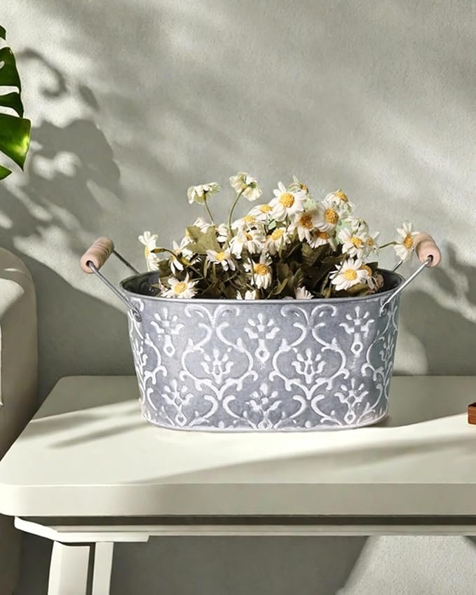 Galvanized Oval Planter Tubs for Outdoor Plants - Farmhouse Small Metal Tin Buckets with Drain Hole & Rubber Plug Medium Plant Containers with handles vintage style for decor, Set of 3(Flower Pattern)
