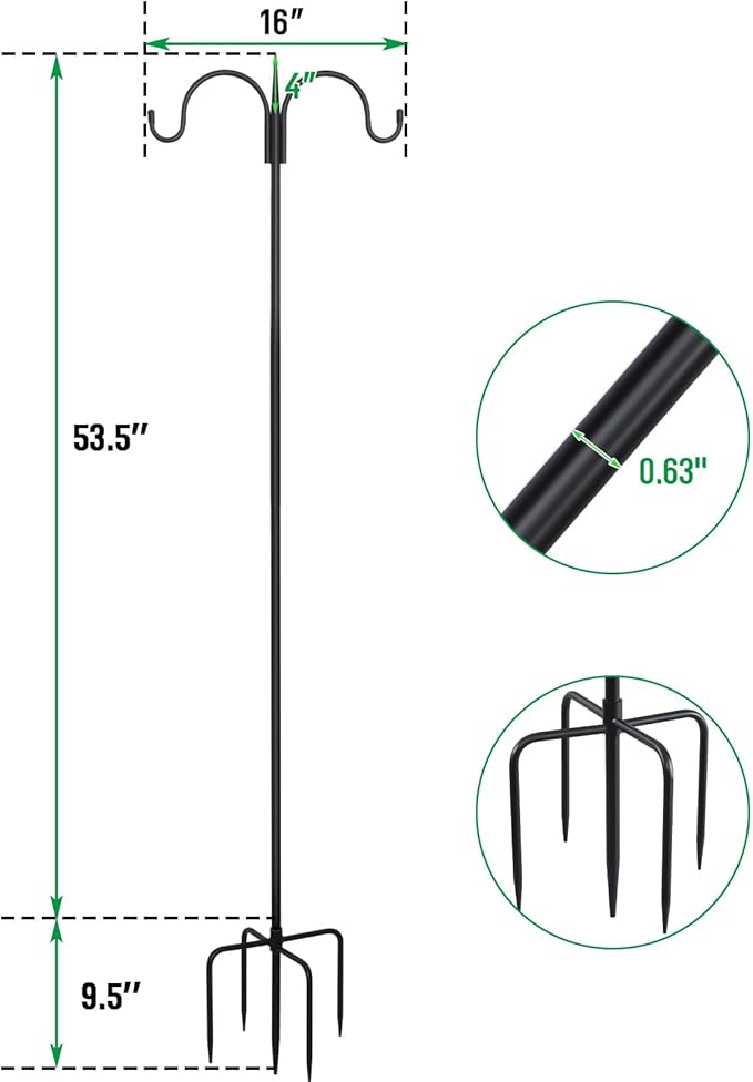FEED GARDEN Adjustable Double Shepherds Hook for Outdoor with 5 Prong Base 63 Inch Heavy Duty Two Sided Bird Feeder Pole for Hanging Plant Baskets, Solar Light Lanterns, Wind Chimes 2 Pack