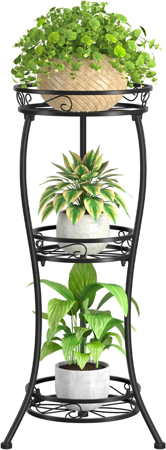 KMOTASUO 3 Tier Tall Metal Plant Stand, 33 Inch Plant Stands Indoor Outdoor, Rustproof Iron Flower Pot Holder Display Rack for Corner Patio Garden Balcony Living Room(Black)