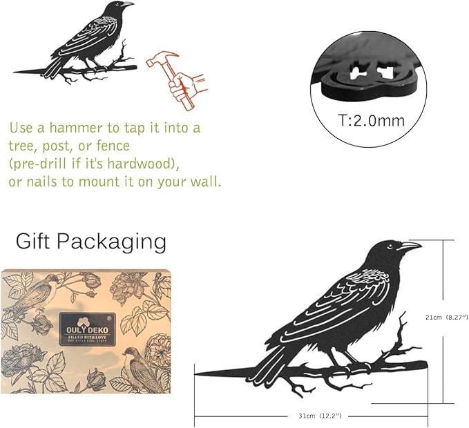 Raven Decor,Metal Birds Yard Decor,Metal Yard Art Outdoor and Garden,Tree Decorations Outdoor,Metal Yard Animals,Black Crows Halloween Decor,Garden & Patio Decor