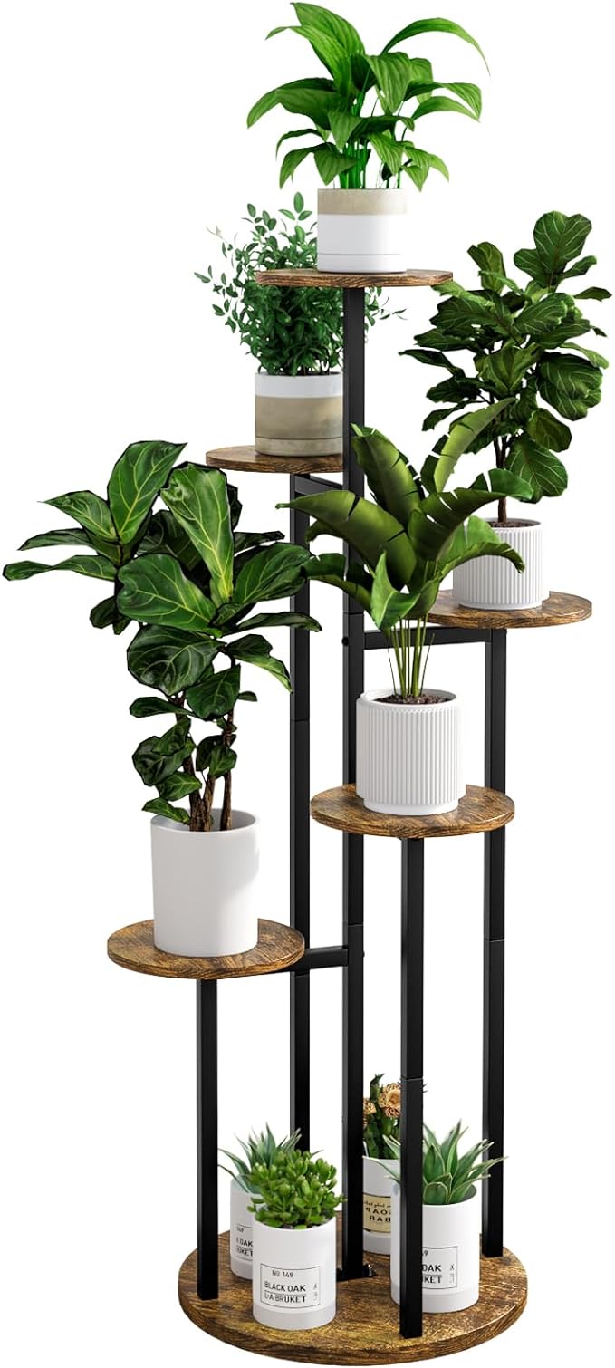 Plant Stand Indoor 6 Tier 9 Potted Multiple Flower Pot Holder for Patio Garden Balcony Living Room Corner (6 Tier Black+Rustic Brown)