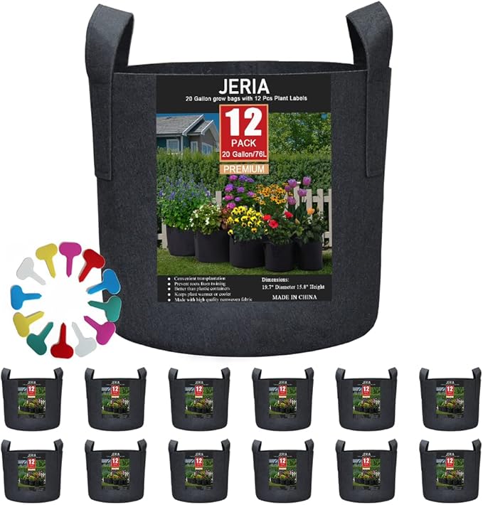 JERIA 12-Pack 20 Gallon, Vegetable/Flower/Plant Grow Bags, Aeration Fabric Pots with Handles (Black), Come with 12 Pcs Plant Labels