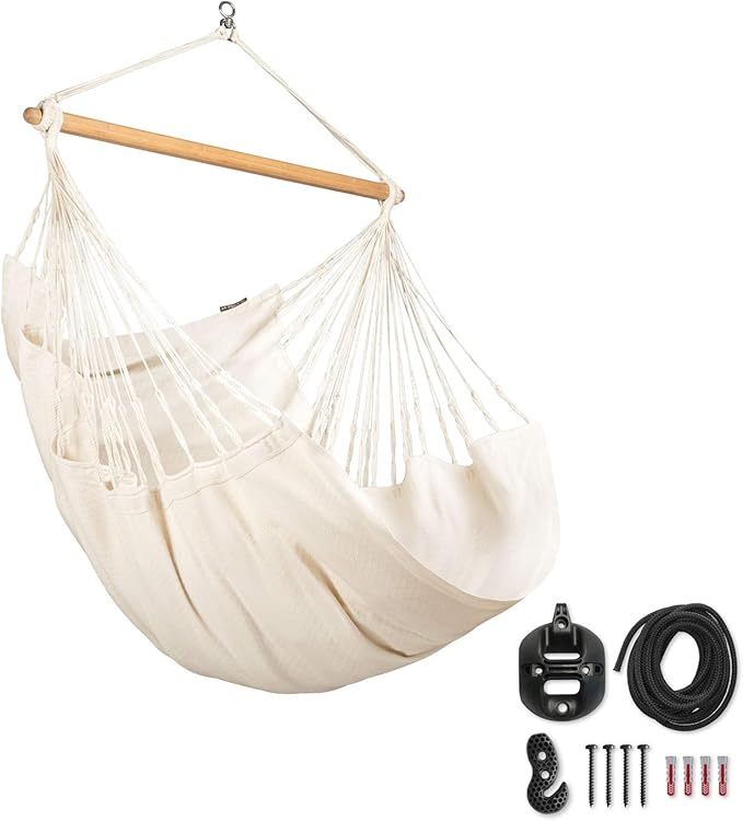 LA SIESTA® - Large Comfort Habana Cotton Hammock Chair & CasaMount - Hanging Chair w/Suspension Kit for Walls Ceilings & Square Beams - Indoor Outdoor Swing Hanging Chair Bedroom Balcony - Latte