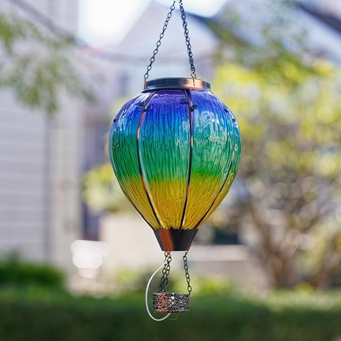 DREAMSOUL Large Hot Air Balloon Solar Lantern with Candle Holder, Hanging Solar Hot Air Balloon Lantern with Flame for Garden Yard Tree Decor