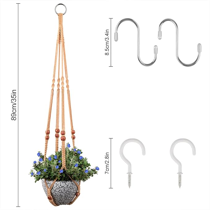RIFNY Macrame Plant Hanger for 5 to 10 Inch Plant Pots, 35 Inch Woven Rope Hanger Kits with Hooks and Wood Beads, Hanging Planter Basket for Indoor Boho Home Decor (Brown, 3 Pack)