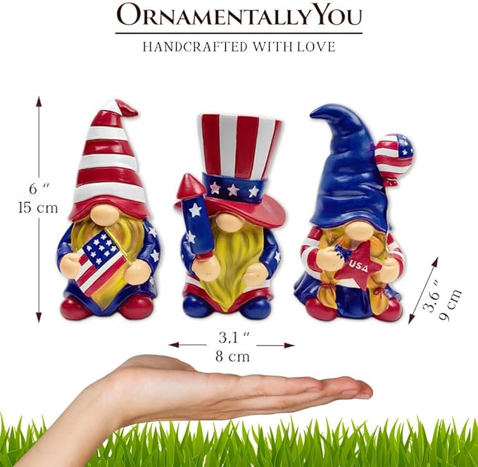 Spring & Summer-Themed Garden Statues – Adorable Outdoor Decor for Lawn, Patio & Porch (Patriotic Gnome Trio Figurines, 6" Set of Three Garden Statues and July 4th Decoration)