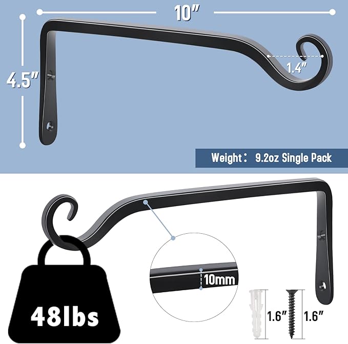 FEED GARDEN Wall Hook Hanging Plant Bracket 10 Inch 2 Pack, Hand-Forged Plant Hanger for Hanging Bird Feeders, Wind Chimes, Flower Baskets, Yoga Mat, Indoor/Outdoor Use, Black