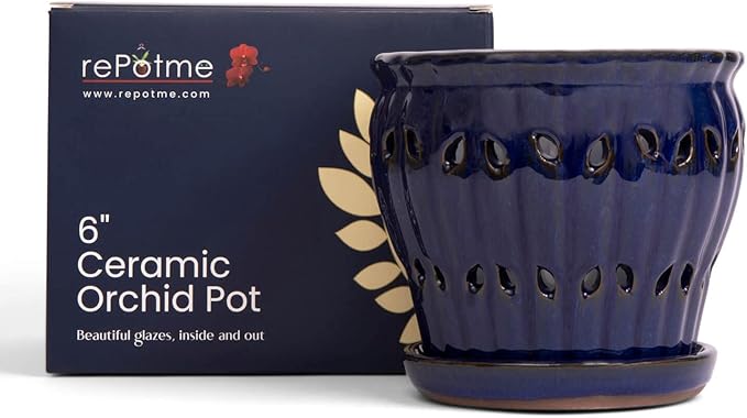 rePotme 6" Pinwheel Fluted Ceramic Plant Pot (Midnight Blue) - Great for Orchids, All Indoor Plants - Includes Matching 6 inch Slotted Pot Liner