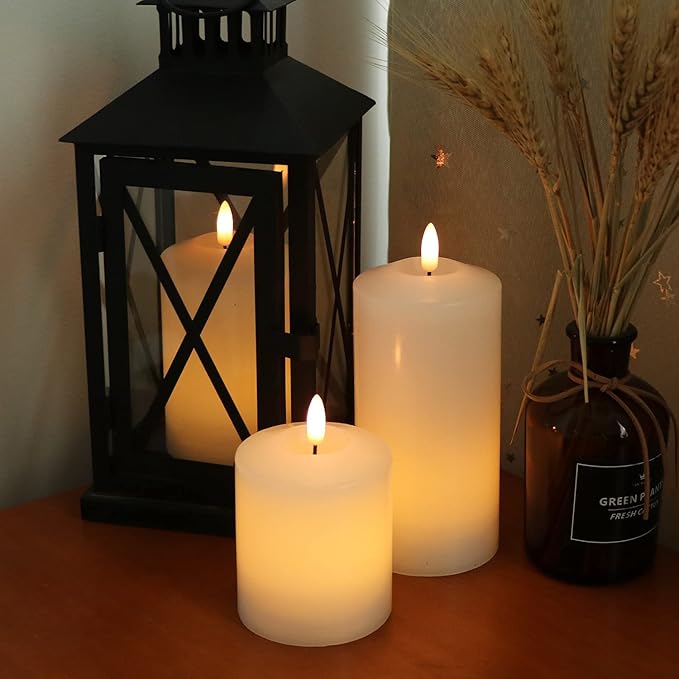 Battery Operated Flameless Candles with 3D Flickering Flame Wick, LED Pillar Candles with Remote Timer, Pack of 3 Real Wax Candles for Wedding Home Decor(White)