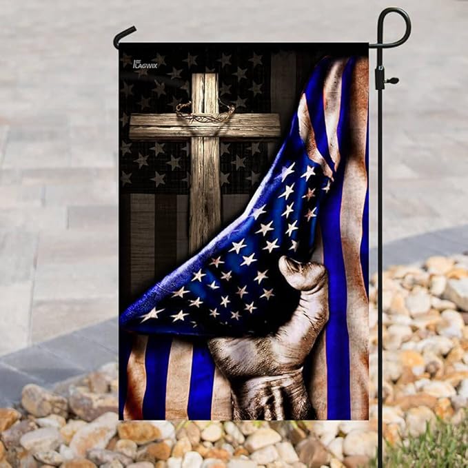 FLAGWIX The Thin Blue Line Christian Cross, America US Flag - 4th of July Decorations for Home, Garden, House Flag (29.5" x 39.5") - USA House Garden Flags Premium Polyester, Decorative Outdoor Flags