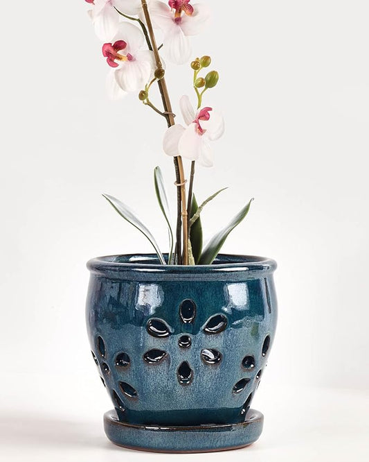 vensovo 5 Inch Ceramic Orchid Pots with Holes and Saucers - 1 Pcs Small Succulent Pot for Repotting, Garden Flowerpots for Plants Indoor and Outdoor Promotes Air Circulation, Blue