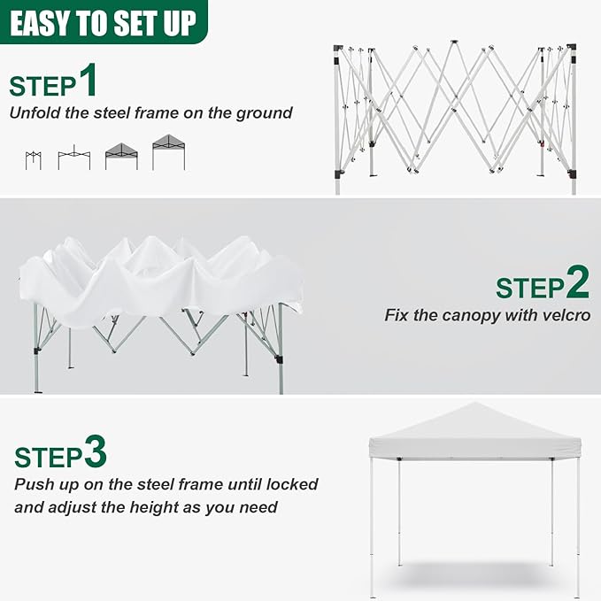10x10ft Pop Up Canopy Tent,Heavy Duty Waterproof Folding Tent for Camping Parties Events Parties,Outdoor Canopy,Portable Sun Shelter,3 Adjustable Height(White)
