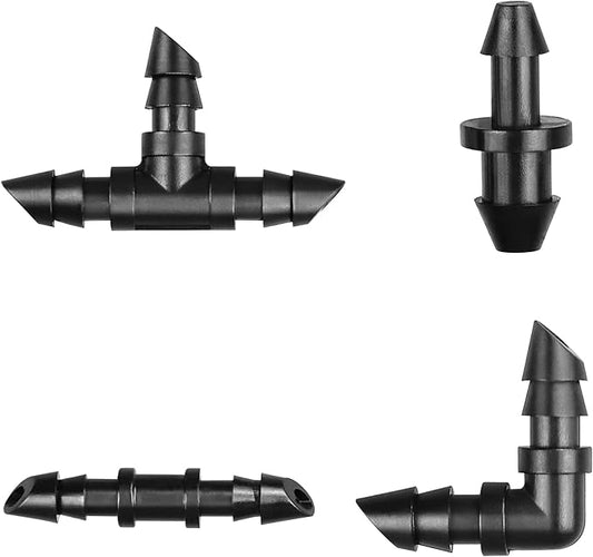 1/4 Inch Drip Irrigation Fittings Kit：140 Pieces Drip Irrigation Parts with Sharp End for 1/4" Irrigation Tubing Barbed Connectors for Home Garden 60 Couplings 50 Tees 20 Elbows 10 Goof Plugs