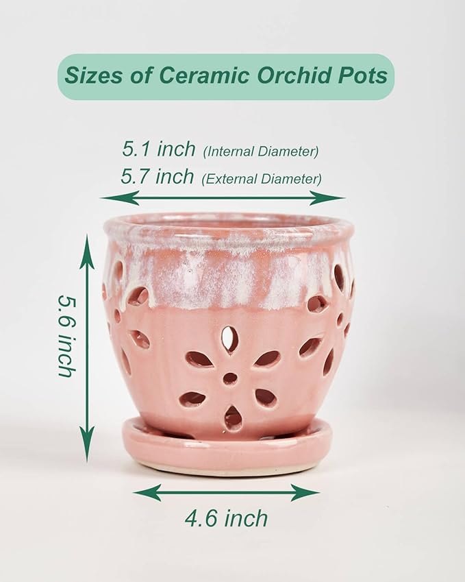 vensovo 5 Inch Ceramic Orchid Pots with Holes and Saucers - 1 Pcs Small Succulent Pot for Repotting, Garden Flowerpots for Plants Indoor and Outdoor Promotes Air Circulation, Pink