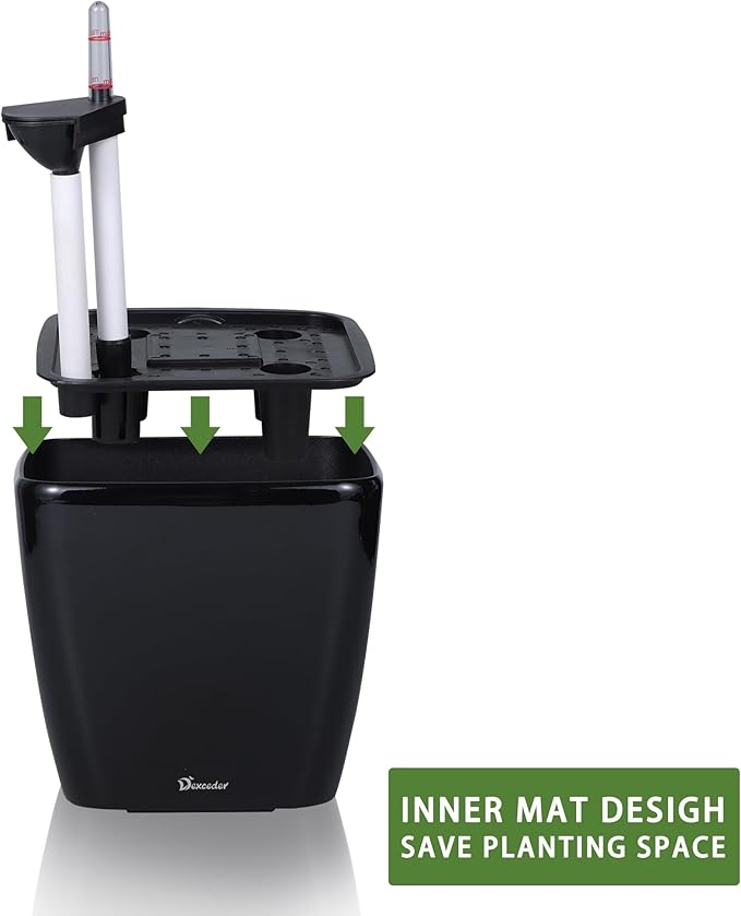 Dexceder 11x10 Self Watering Planter Indoor Outdoor, Inner Mat Design, Thickened Table Flower Plant Pot with Water Level Indicator (Black High Gloss)