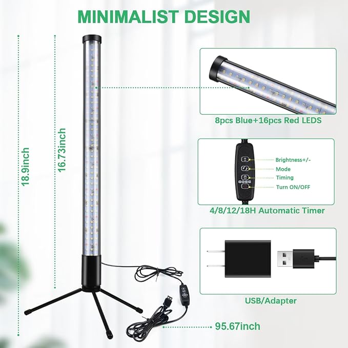 2-Pack, T10 Vertical Grow Light, 6000K Full Spectrum Desktop Plant Light 18.9",Hung or Stood, with 3 Modes & 5 Dimming Levels, Suitable Small & Medium Plants Indoors, Auto On Off Timing 4/8/12/18Hrs
