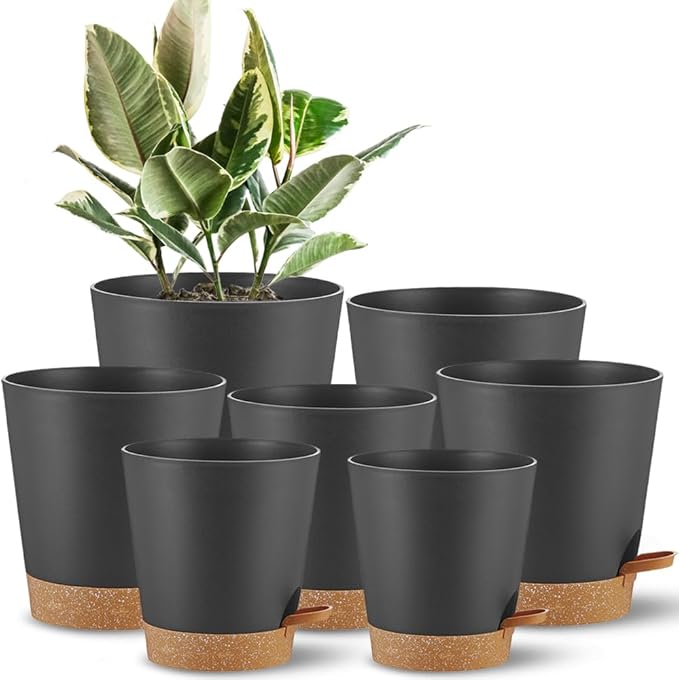 Self Watering Pots 7Pack Planting Pots for All Indoor Plants, Flower Planting Pots with Drainage Hole and Reservoir Black Plastic Succulent Planter Modern Decorations/Gift Idea