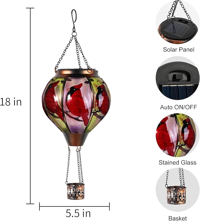 18inch Hot Air Balloon Solar Lantern with Flickering Flame Hanging Solar Outdoor Lantern Lights Waterproof Lanterns for Garden Patio Yard Party Decoration Cardinal