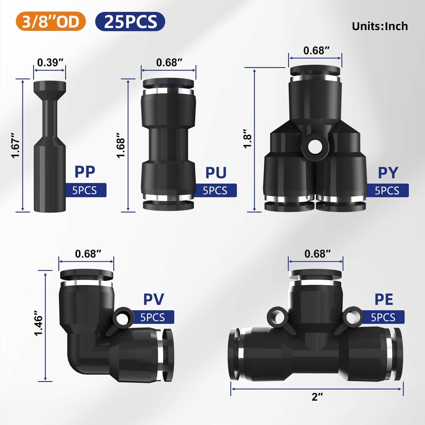 25pcs 3/8" Push to Connect Fittings, 3/8 inch OD Dot Air Line Fittings Pneumatic Air Hose Tubing Quick Connects Kit (Tee, Straights, Elbow, Splitters,Plugs)