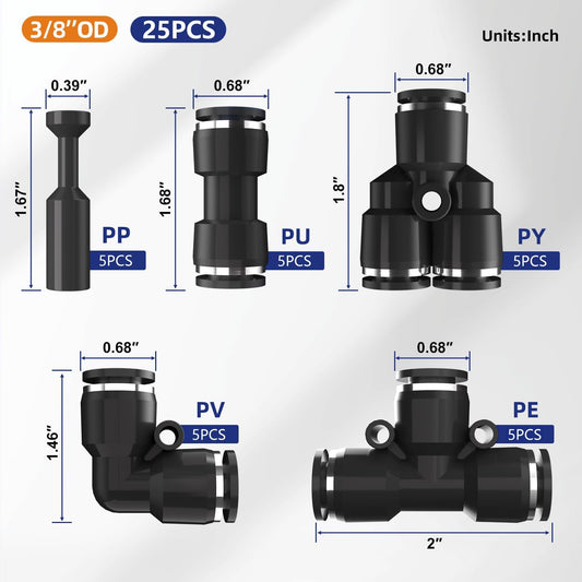 25pcs 3/8" Push to Connect Fittings, 3/8 inch OD Dot Air Line Fittings Pneumatic Air Hose Tubing Quick Connects Kit (Tee, Straights, Elbow, Splitters,Plugs)