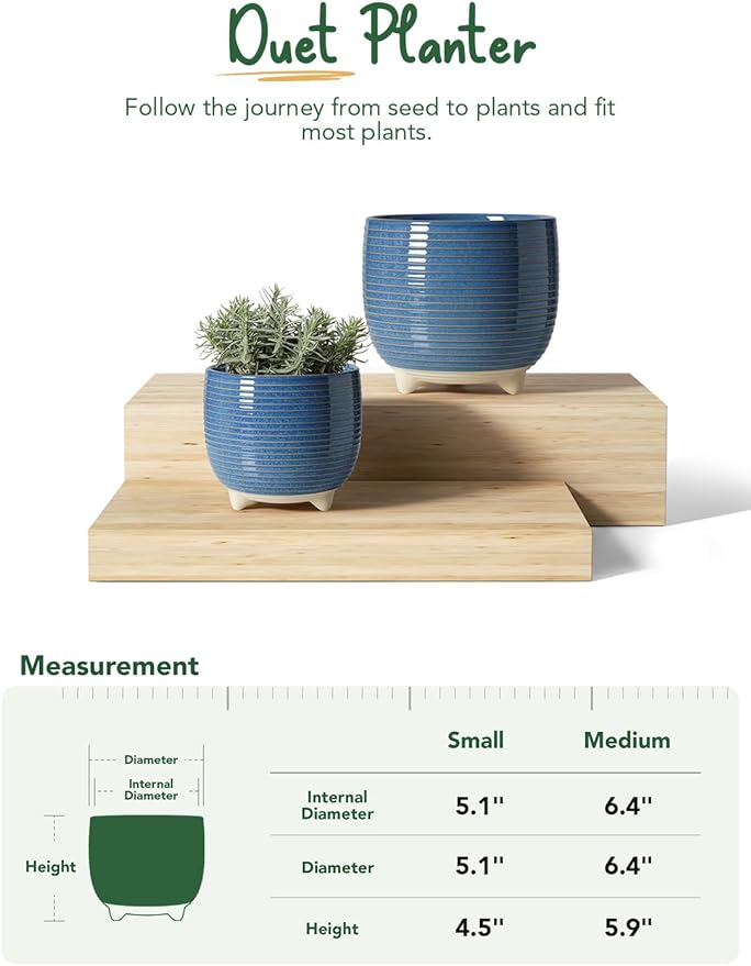 LE TAUCI Ceramic Plant Pots, 5.1 + 6.4 Inch Footed Pots for Plants, Modern Flower Pots for Home and Office, Indoor Planters with Drainage, Reactive Glaze Blue