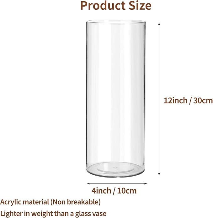 Clear Flower Vase, Non-breakable Vases, 4" W x 12" H, Acrylic Vase, Aesthetic Room Decor Cylindrical Modern Flower Vases for Table Centerpiece, Home Decor, Women Floral Arrangement Gift