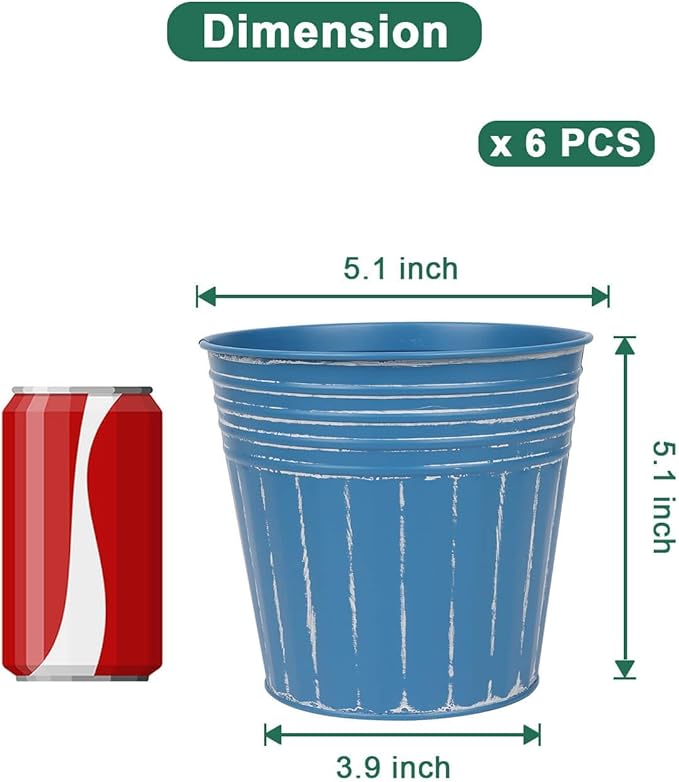 vensovo 5 Inches Blue Metal Rustic Flower Pots - 6 Pcs Small Galvanized Planters with Drainage Hole and Rubber Plug, Rustproof Tin Bucket Plant Pot Farmhouse Vintage Style for Decor