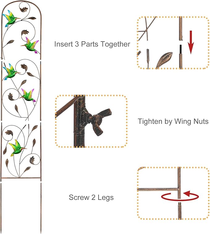 LEWIS&WAYNE 2 Pack Metal Garden Trellis with Colorful Hummingbird 60 Inch High Outdoor Decoration Arched Fence Trellis for Climbing Plants for Patio, Lawn, Yard, Backyard, Wall Brackets