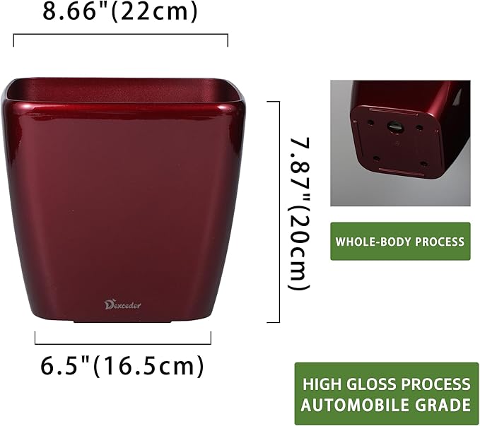 Dexceder 9x8 Self Watering Planter Indoor Outdoor, Inner Mat Design, Thickened Table Flower Plant Pot with Water Level Indicator (Red High Gloss)
